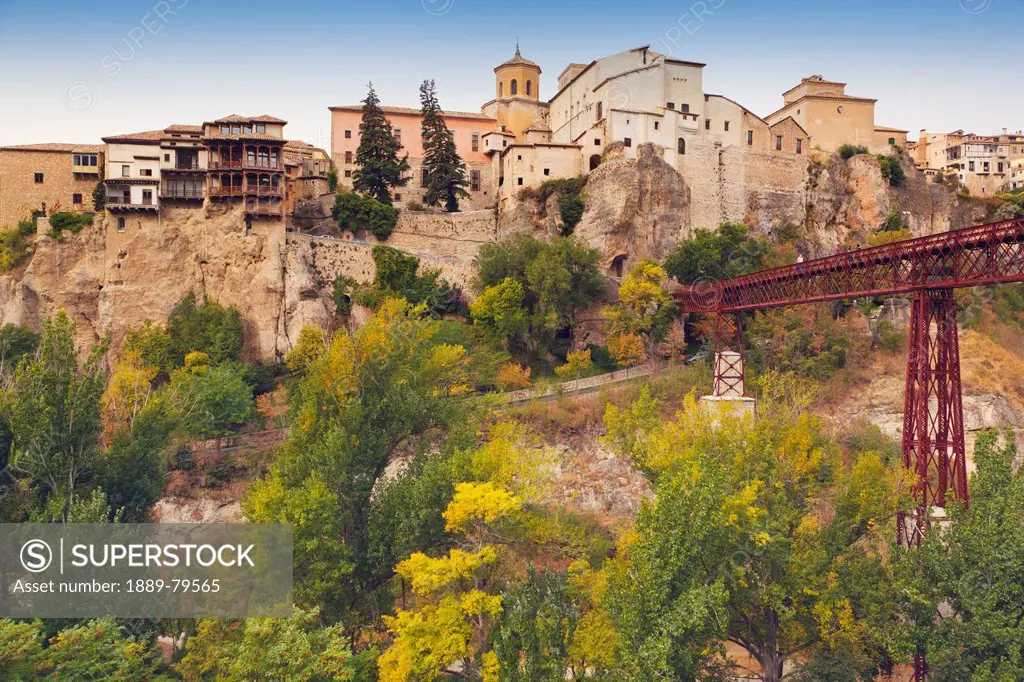 the bridge of saint paul crossing the huecar ravine and the hanging houses which now house the museum of spanish abstract art, cuenca cuenca province ...
