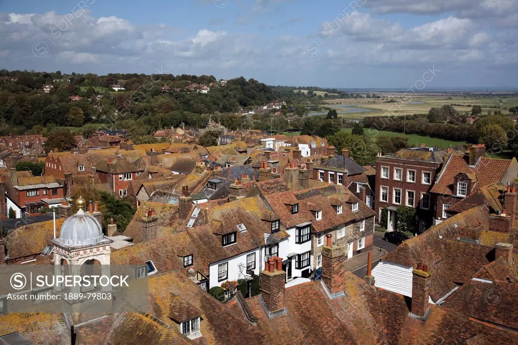 high angle view of houses and fields surrounding river rother, rye sussex england
