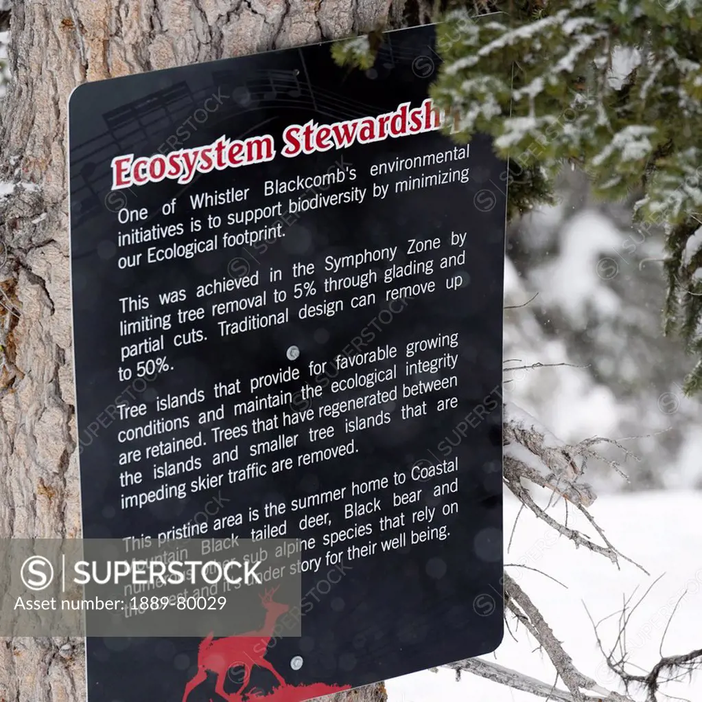 a sign about ecosystem stewardship posted on a tree, whistler british columbia canada