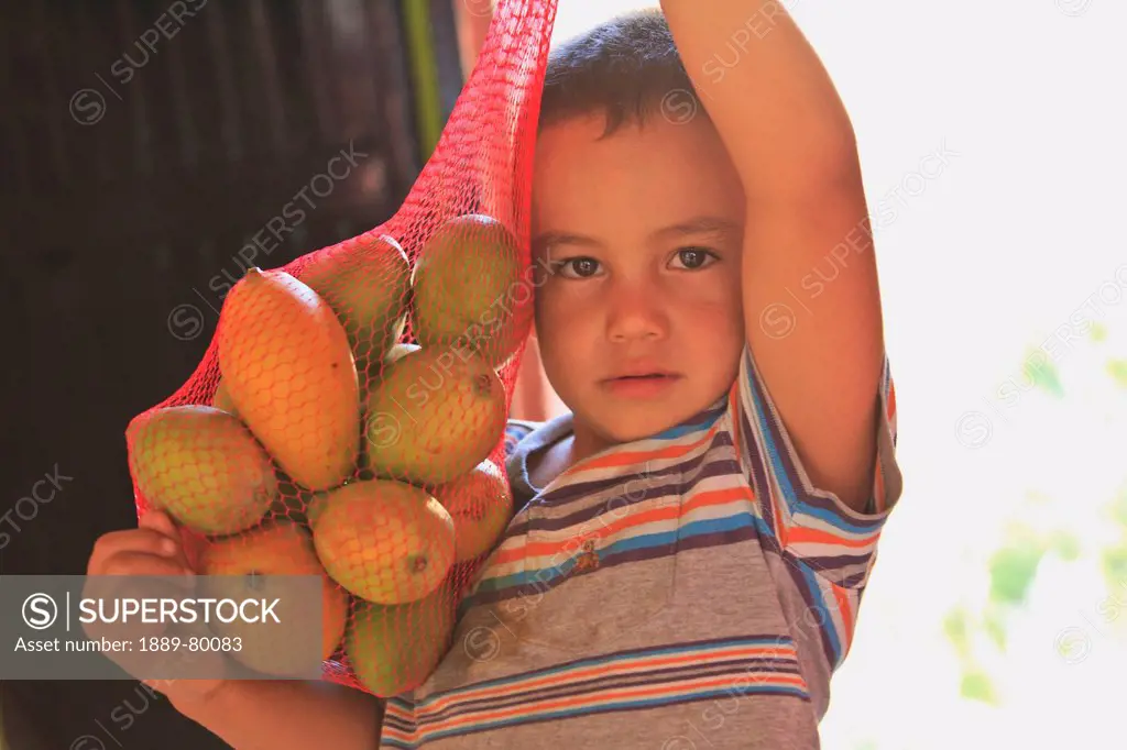 a boy holds fruit in a mesh bag at a roadside fruit stand near los cabos area, san jose del cabo baja california sur mexico