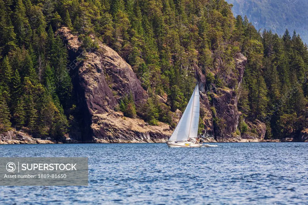 A man sails his sailboat in desolation sound, british columbia canada