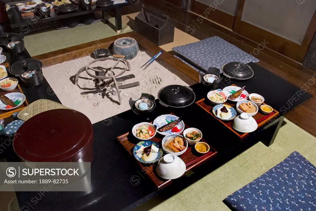Traditional japanese meal served around the fire in the floor, shirakawa, gifu, japan