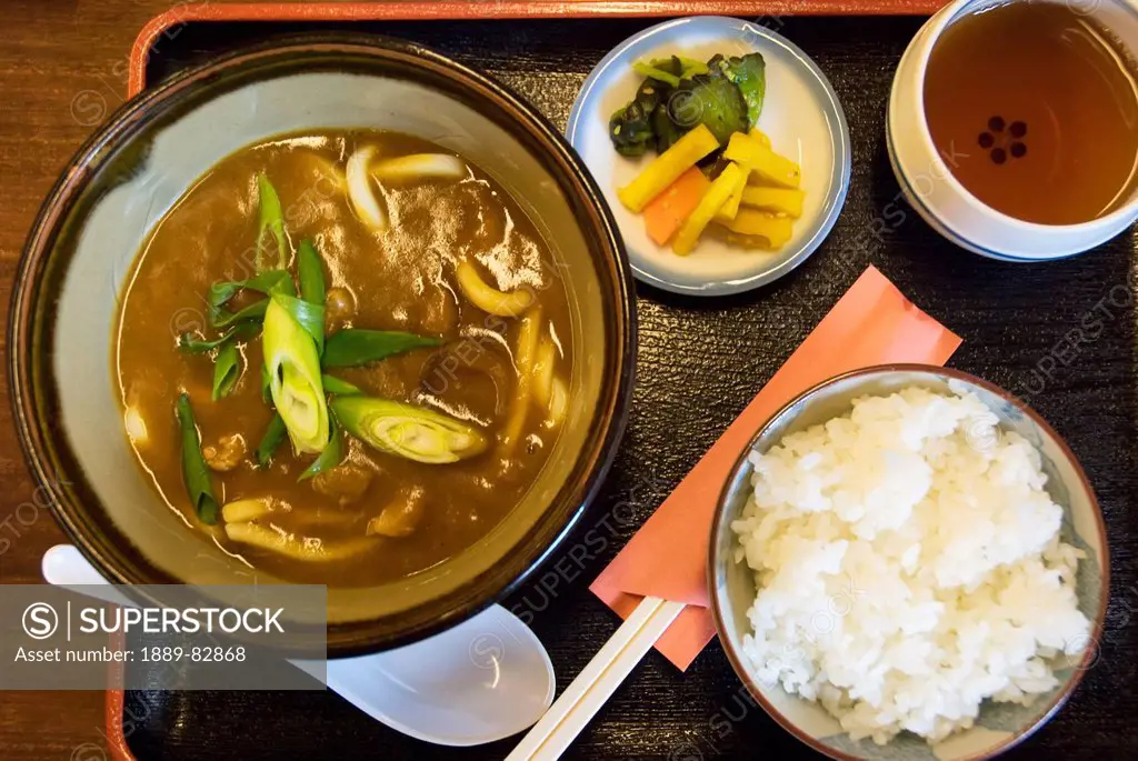 Japanese meal with soup, rice and tea, nara, japan