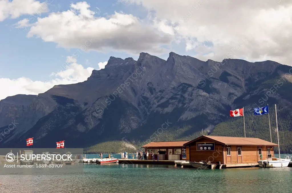 A Building And Docks For Taking Boats Out Into A Mountain Lake, Banff Alberta Canada