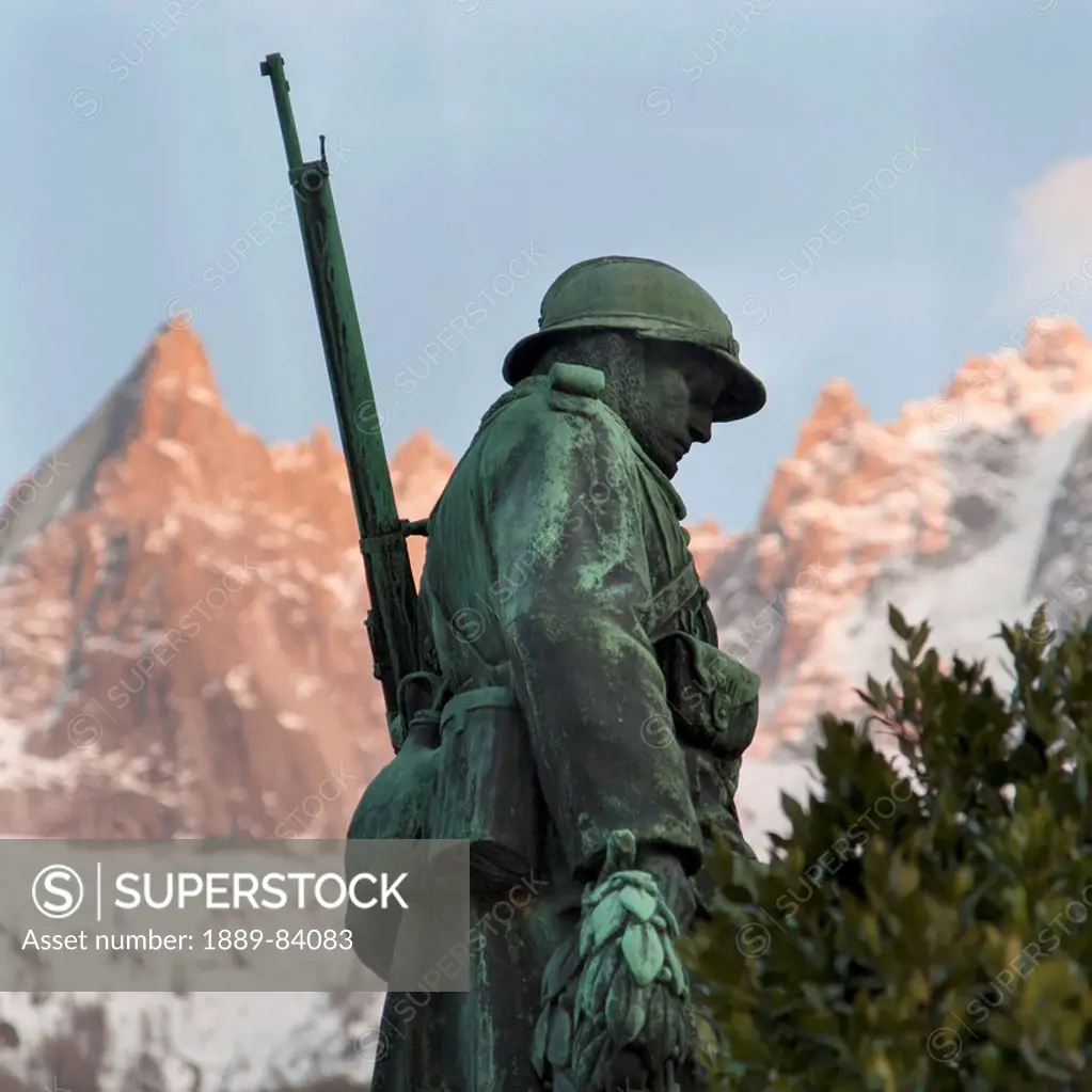 Statue Of A War Soldier With The French Alps In The Background, Chamonix_Mont_Blanc Rhone_Alpes France