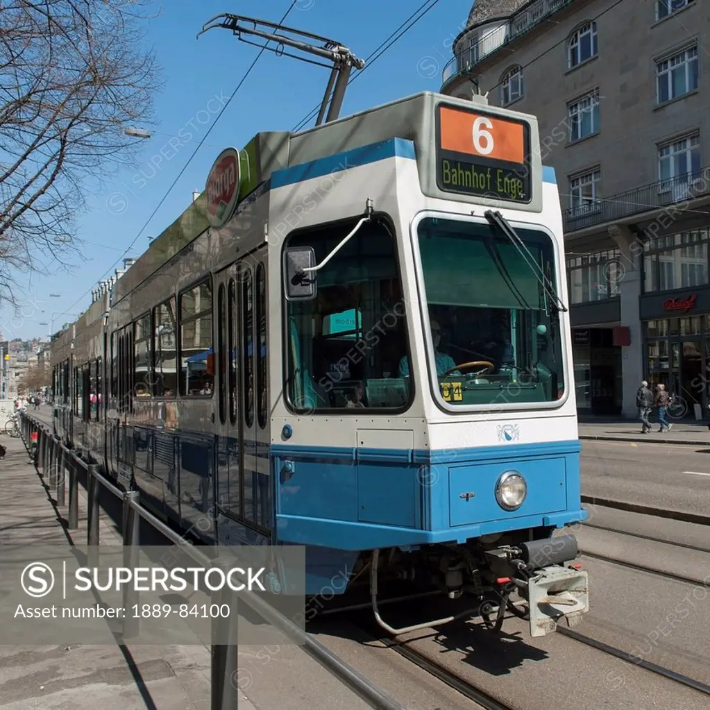 A Streetcar Riding On The Tracks, Zurich Switzerland