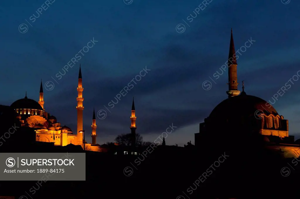 Rustem Pasha Mosque And Suleymaniye Mosque Illuminated At Night, Istanbul Turkey