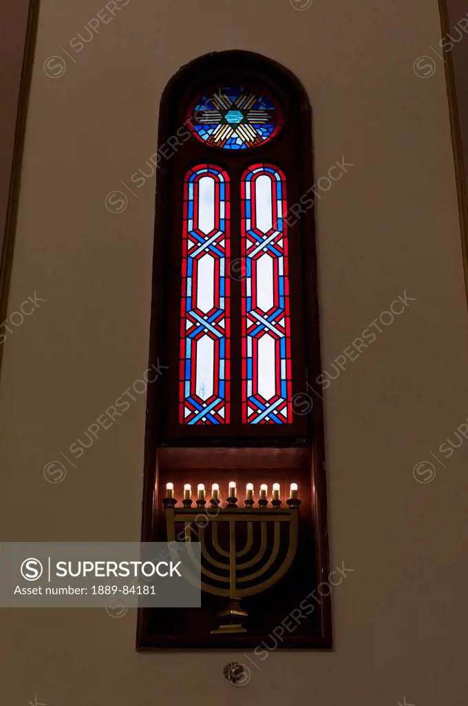 Stained Glass Window And Illuminated Menorah In The Neve Salom Synagogue, Istanbul Turkey