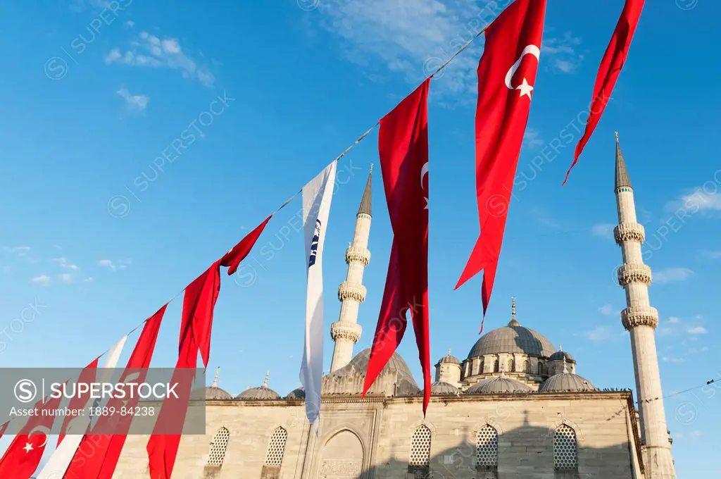 Flags Flying In Front Of The New Mosque, Istanbul Turkey