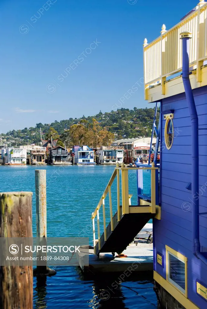 Houses Along The Water With A Blue House In The Foreground, Sausalito California United States Of America