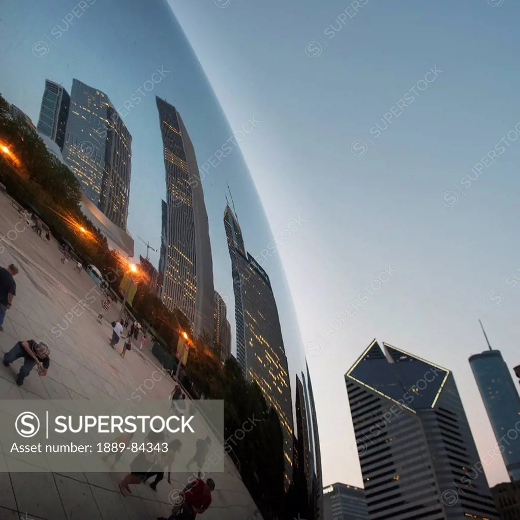 Reflection Of Skyscrapers And Pedestrians In A Mirror Ball, Chicago Illinois United States Of America