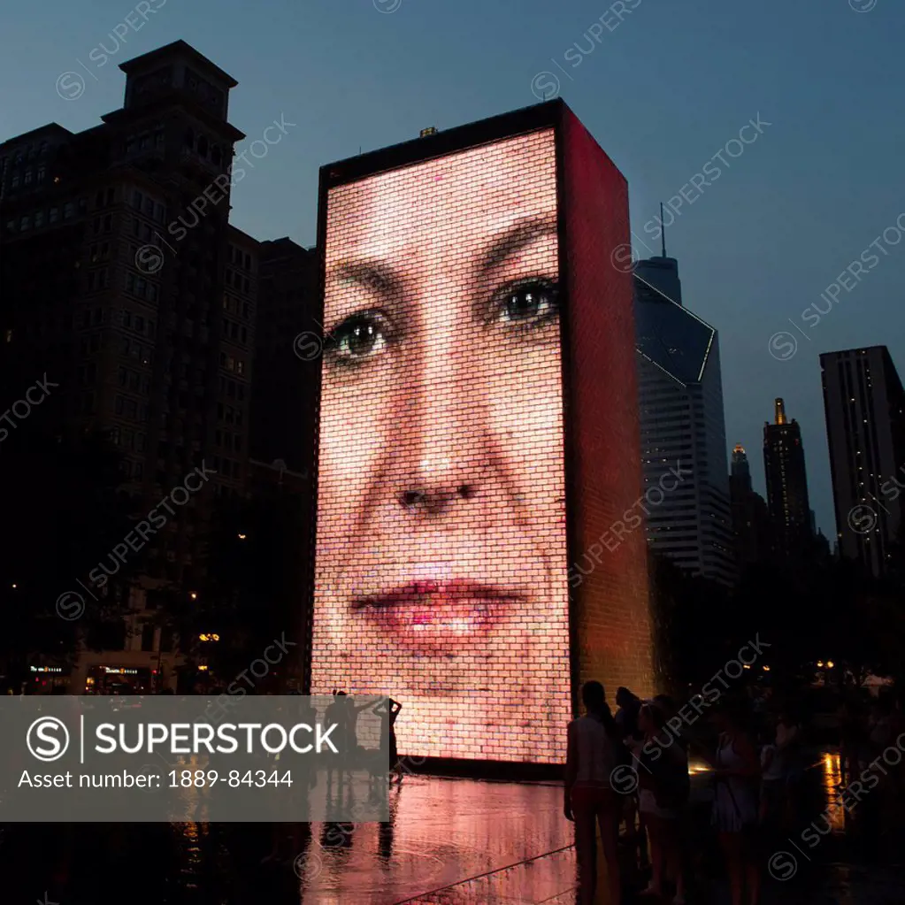Image Of A Woman´s Face Projected On The Side Of A Building, Chicago Illinois United States Of America