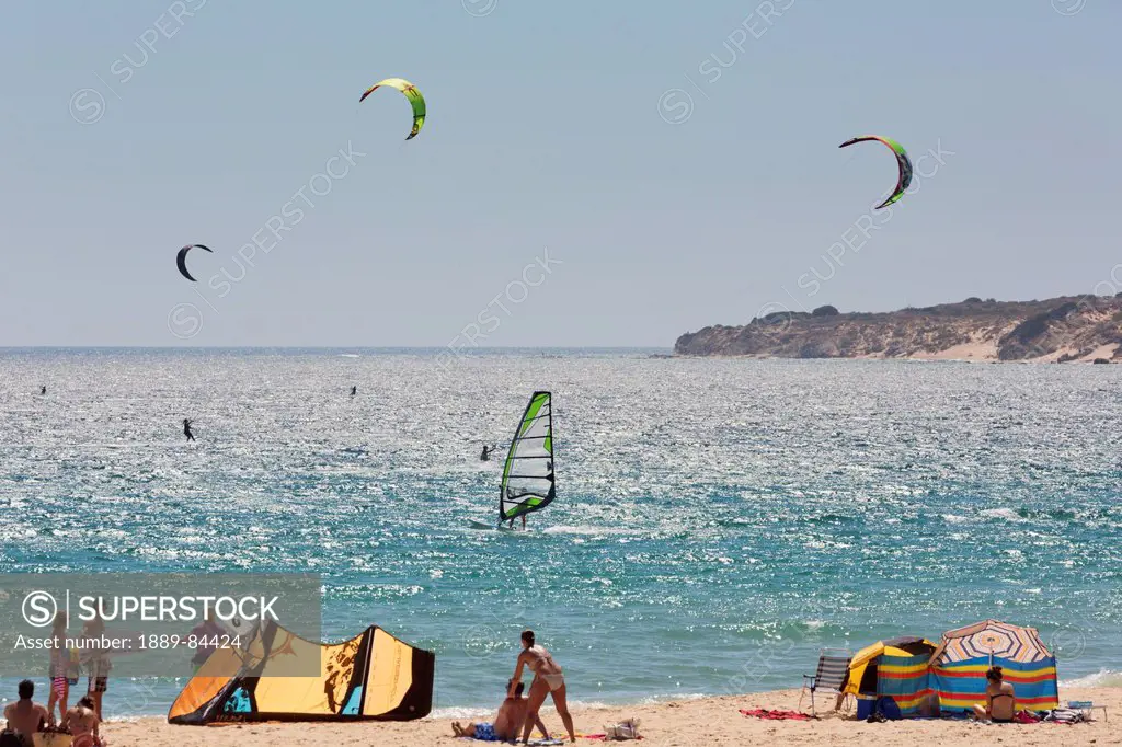 Kitesurfing And Windsurfing Off The Valdevaqueros Beach, Tarifa Cadiz Andalusia Spain