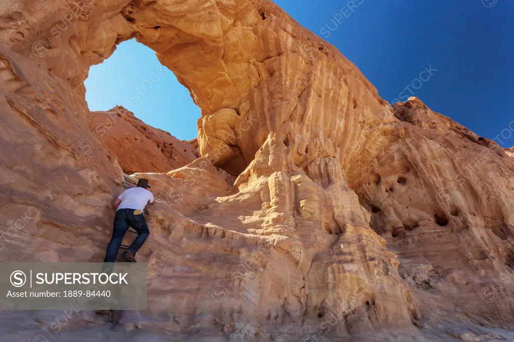 A Man Climbs A Sandstone Rock Formation, Timna Park Arabah Israel