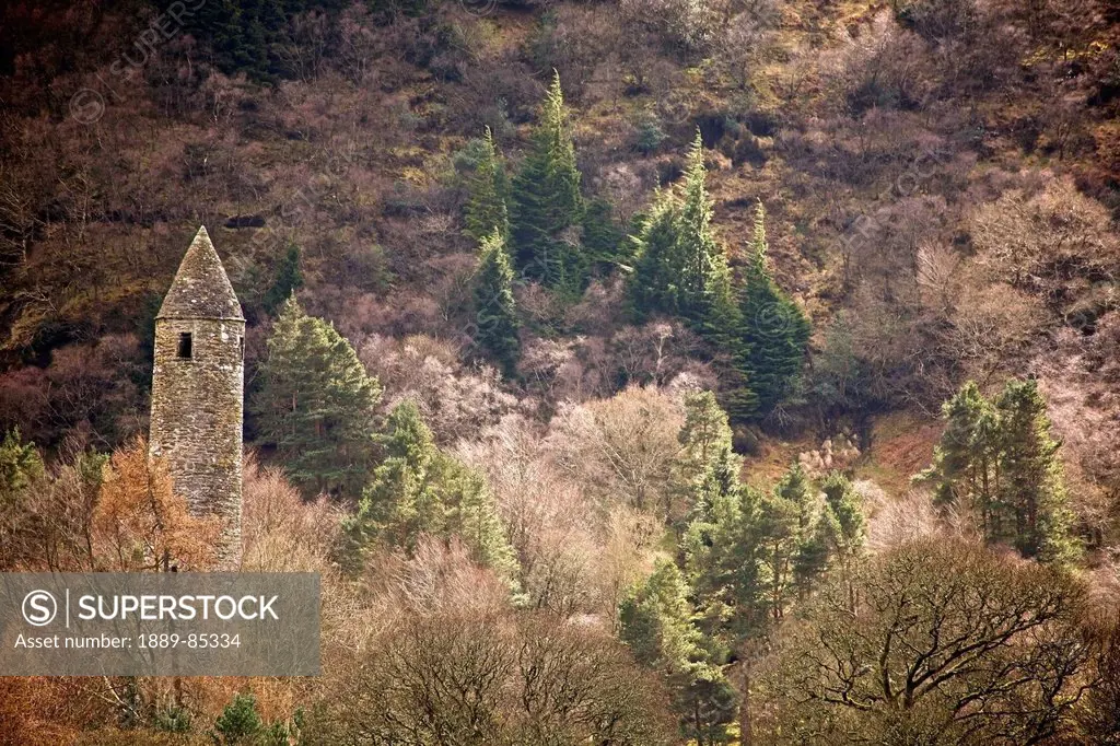 Round Tower Surrounded By Trees, Glendalough County Wicklow Ireland