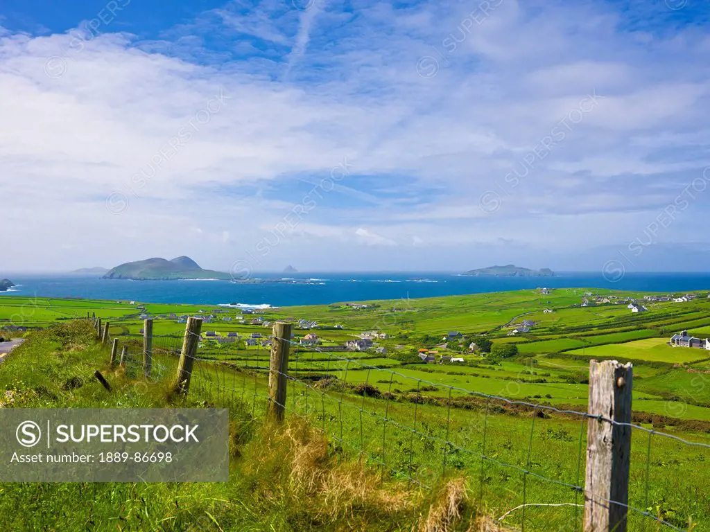 Ireland, County Kerry, Dingle, Farmland Along Coast; Blasket