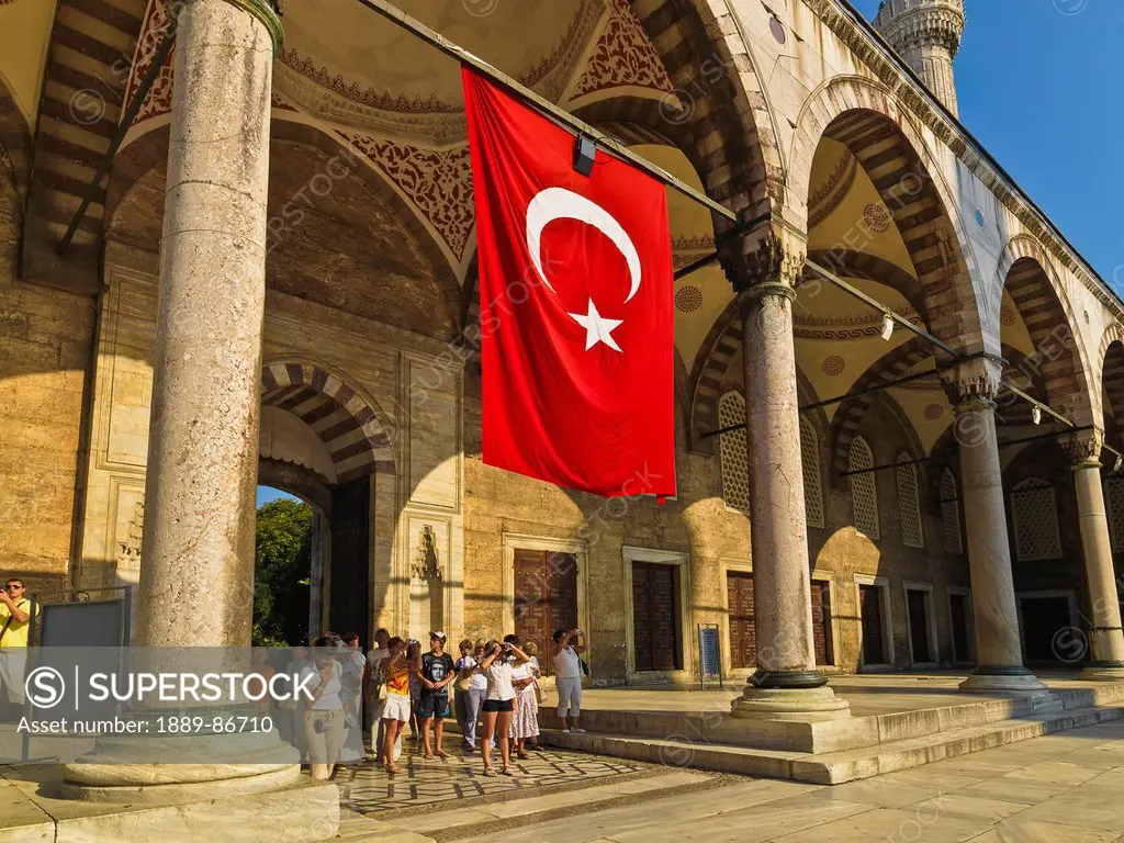 Turkey, Turkish Flag At Entrance To Blue Mosque; Istanbul