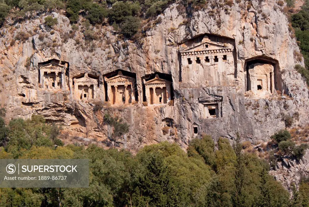 Turkey, Lycian Style Kings Tombs On Cliff Walls Above Dalyan River; Dalyan