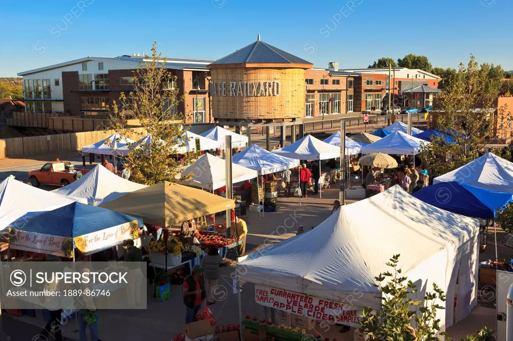 Usa, New Mexico, View Of Saturday Market Next To Rail Yard; Santa Fe