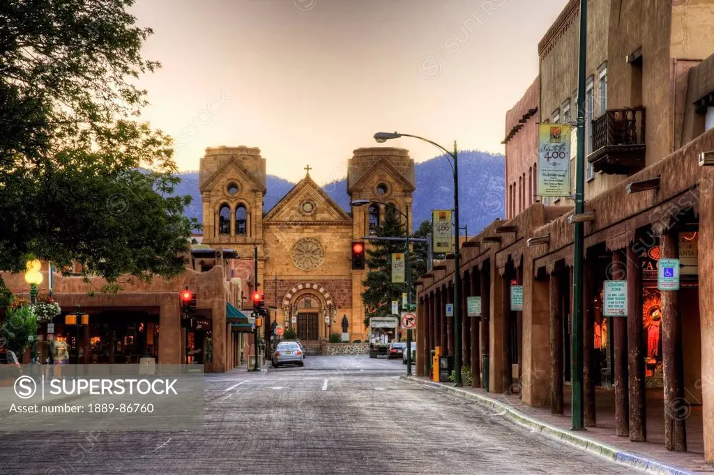 Usa, New Mexico, East San Francisco Street Looking Toward St. Francis Of Assisi Cathedral At Dawn; Santa Fe