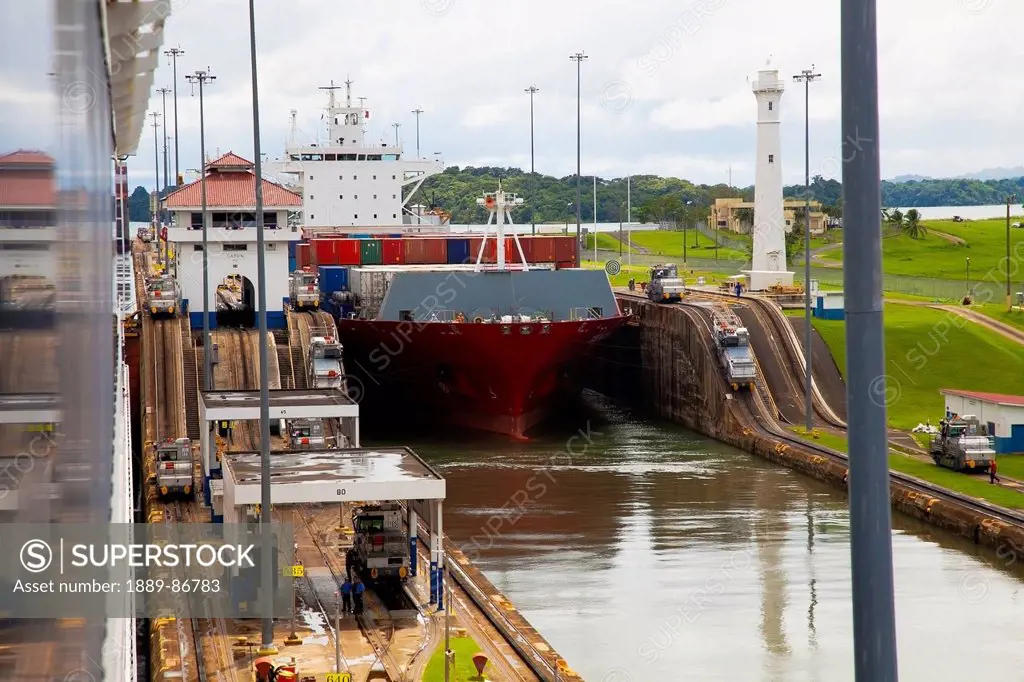 Panama, Cargo Ship Transitioning Between Gatun Locks; Panama Canal
