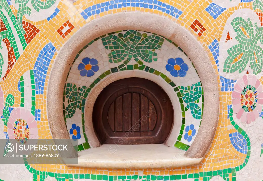 Spain, Catalonia, Ticket Box With Mosaic Of Colorful Ceramic Tile; Barcelona