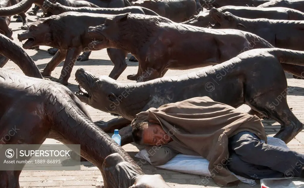 China, Man Sleeping On Ground Beside Statues Of Various Wild Animals; Beijing