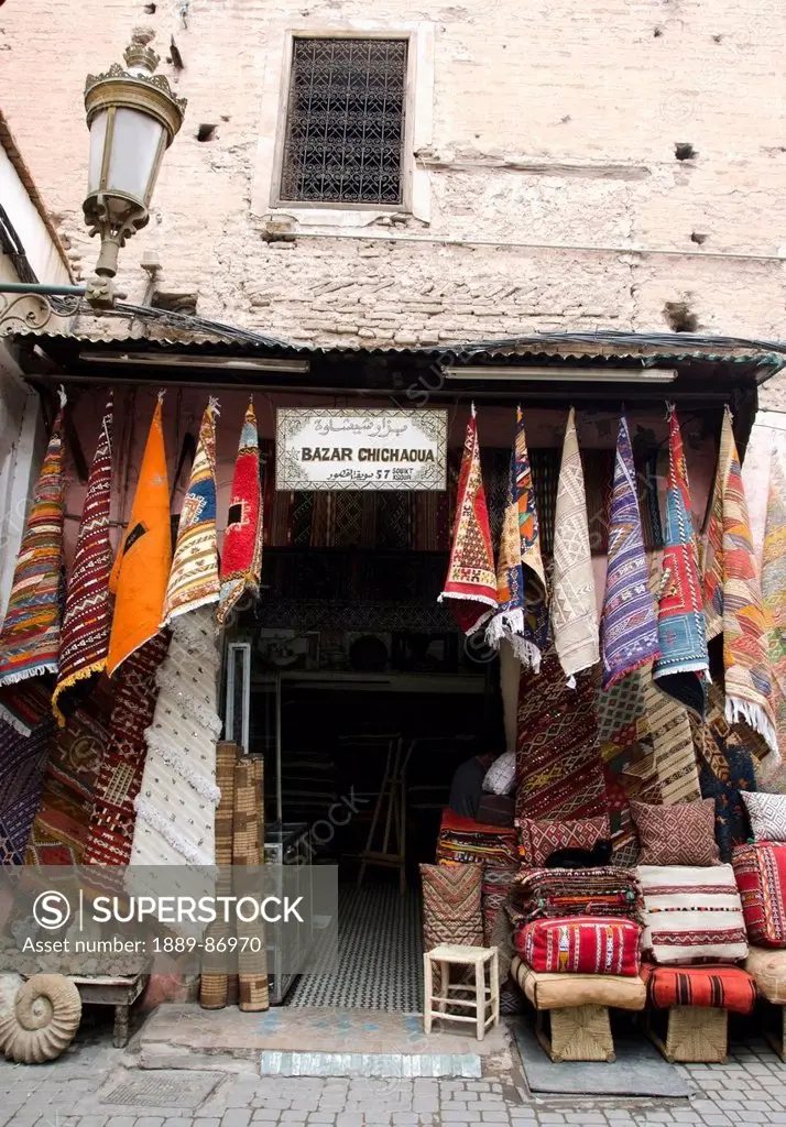 Morocco, Marrakech, Colorful Fabric And Rugs For Sale; Medina