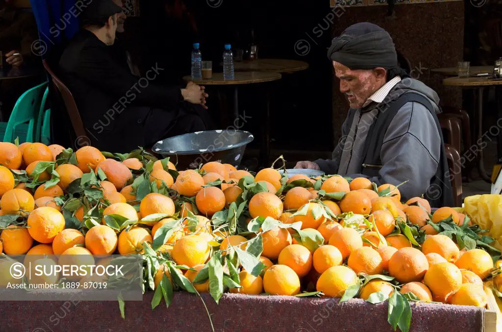 Morocco, Casablanca, Orange Vendor At Market; Old Medina