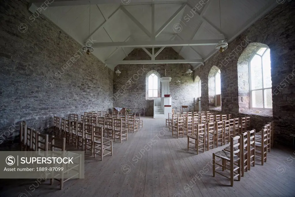 Uk, Scotland, Highlands, Interior Of Stone Church With Rows Of Chairs; Applecross Peninsula