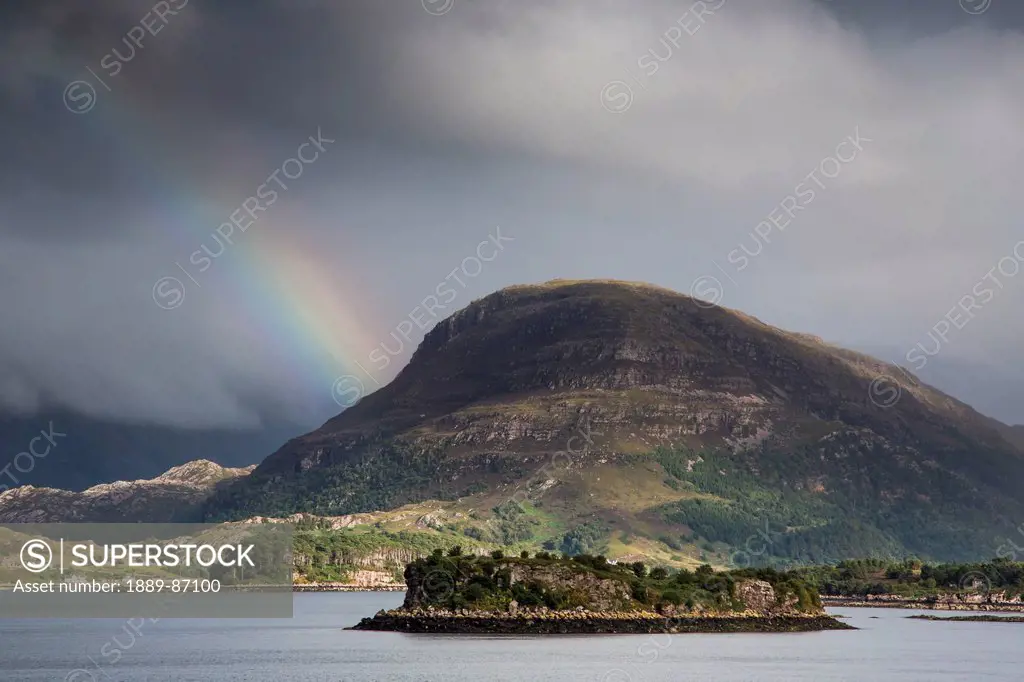 Uk, Scotland, Highlands, Landscape With Rainbow And Storm Clouds; Applecross Peninsula