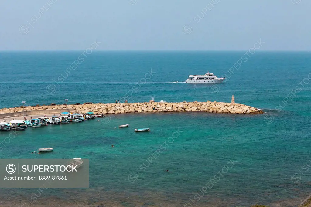 Cyprus, Boats In Harbor And Sailing Yacht; Agios Georgios