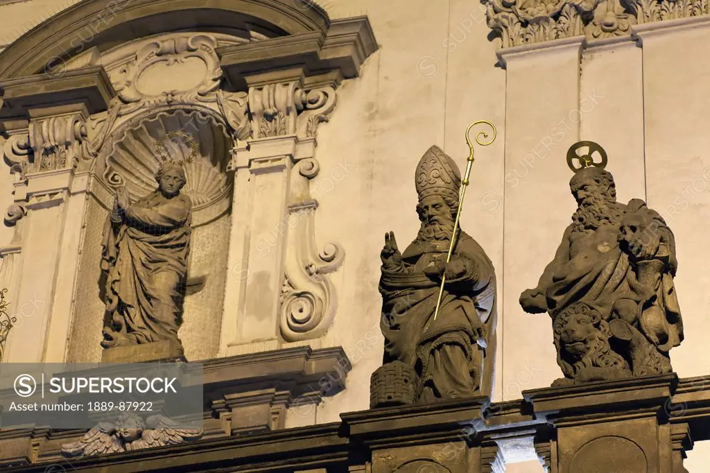 Czech Republic, Statues And Ornate Facade Of Building; Prague