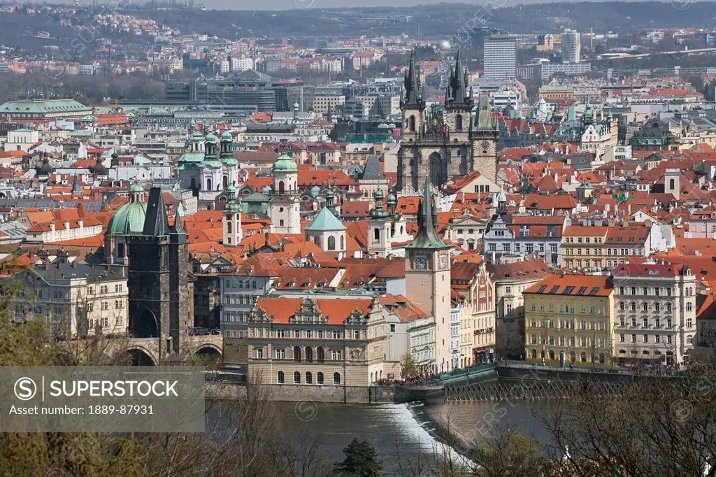 Czech Republic, Cityscape And Vltava River; Prague