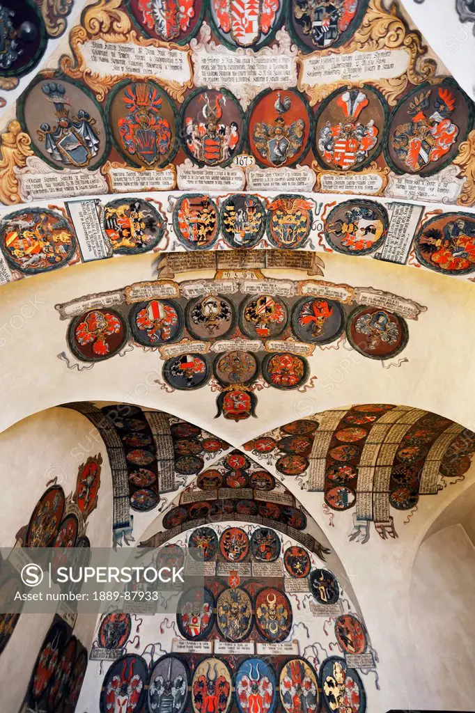 Czech Republic, Colorful Crests Displayed On Curved Ceiling And Walls; Prague