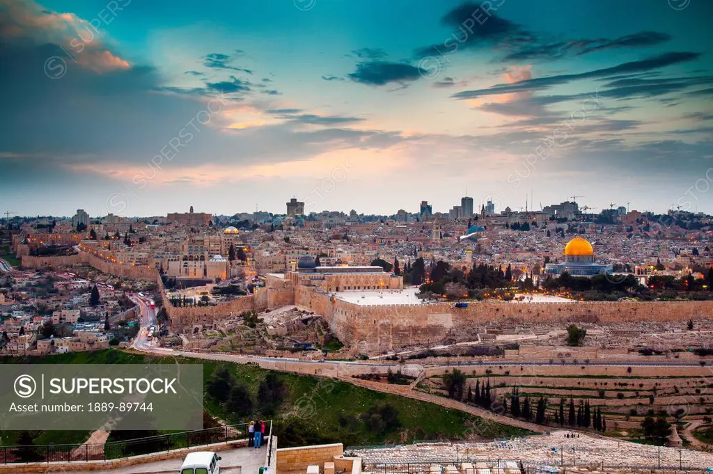 Elevated view of cityscape with Dome of the Rock; Jerusalem, Israel