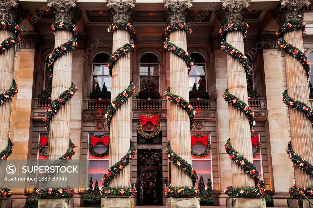 Rows of columns wrapped with garland decoration; Edinburgh, Scotland, United Kingdom