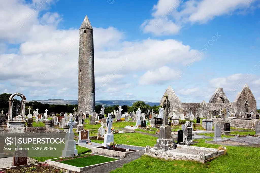 Round tower and cemetery at kilmacduagh monastery;Kilmacduagh county galway ireland