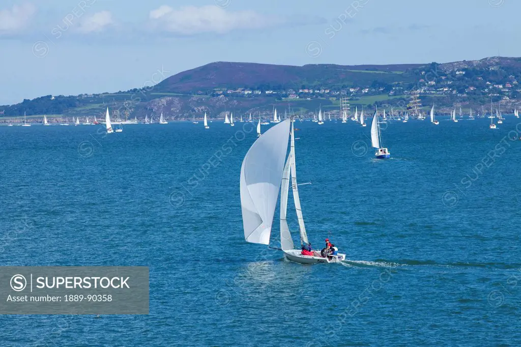Numerous sailboats in a busy harbour viewed from dun laoghaire;Howth county dublin ireland