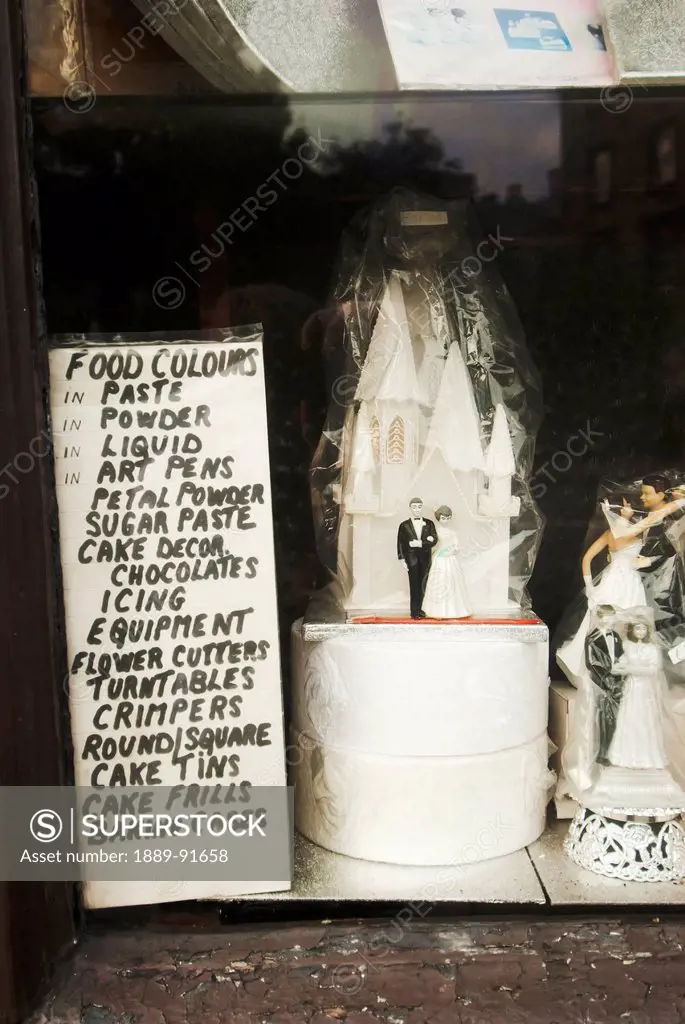Wedding cake displayed in a store window; Dublin, Ireland
