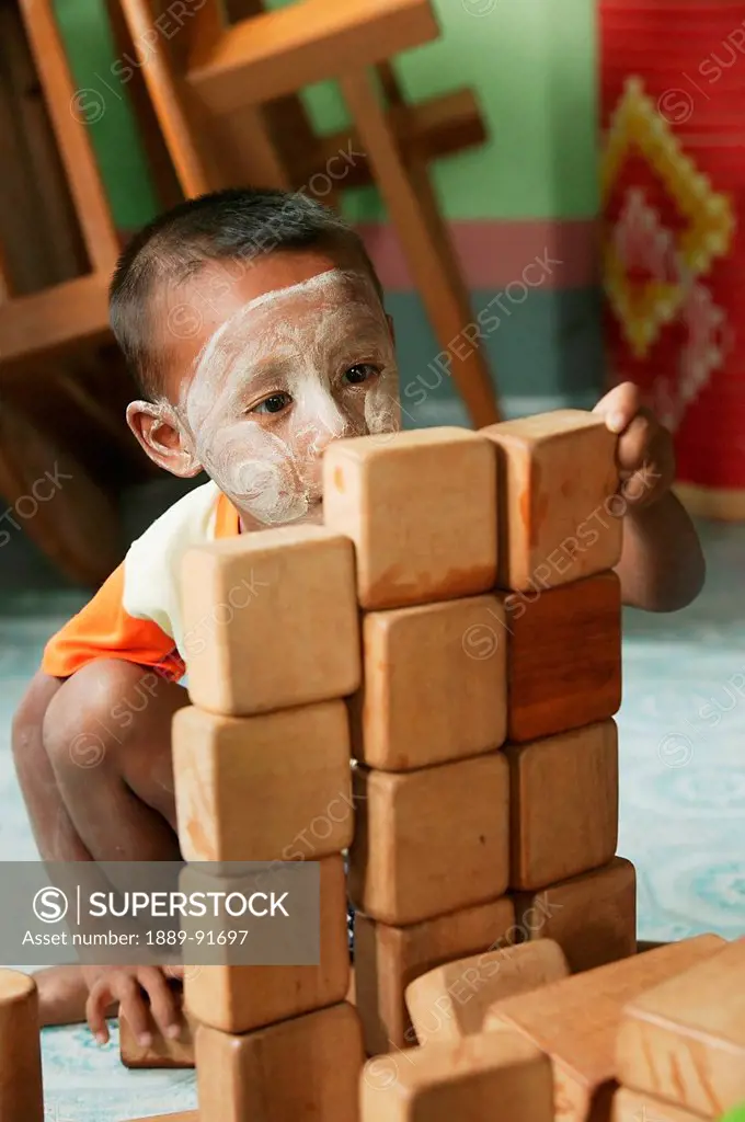 Child Playing In Preschool Centre; Burma, Myanmar