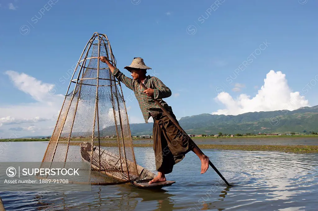 Fisherman Using Conical Net On Inya Lake; Shan State, Myanmar