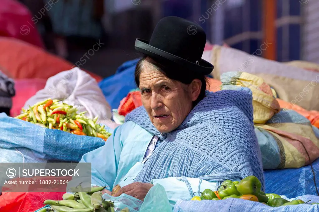 Vegetable vendor at a market, La Paz, Bolivia