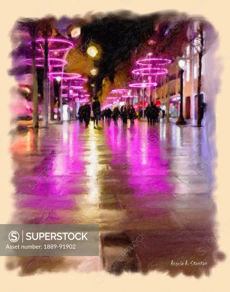 Computer Generated Image Of Pedestrians On A Walkway With Pink Neon Lights Reflecting On The Wet Pavement At Nighttime