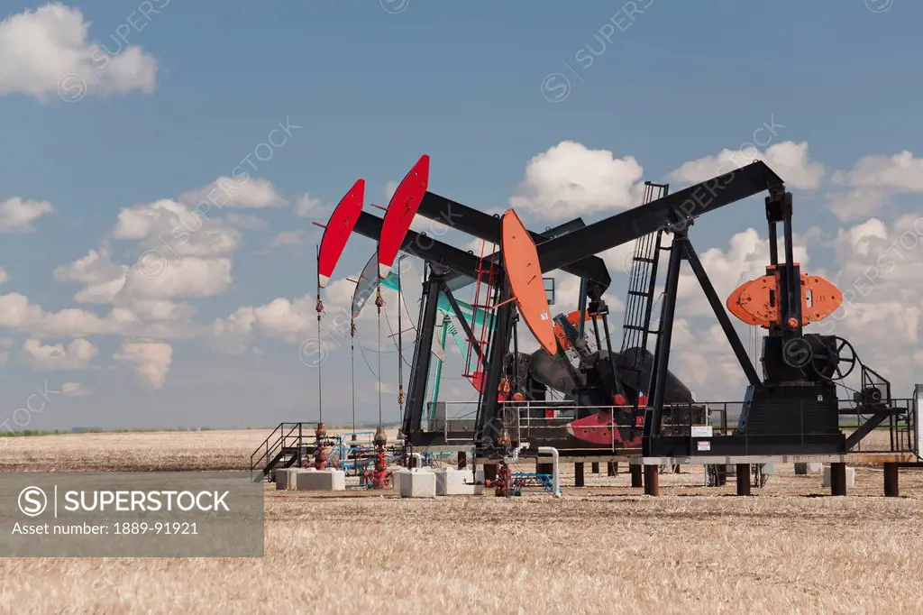 A Row Of Pump Jacks In A Field With Clouds And Blue Sky; Acme, Alberta, Canada