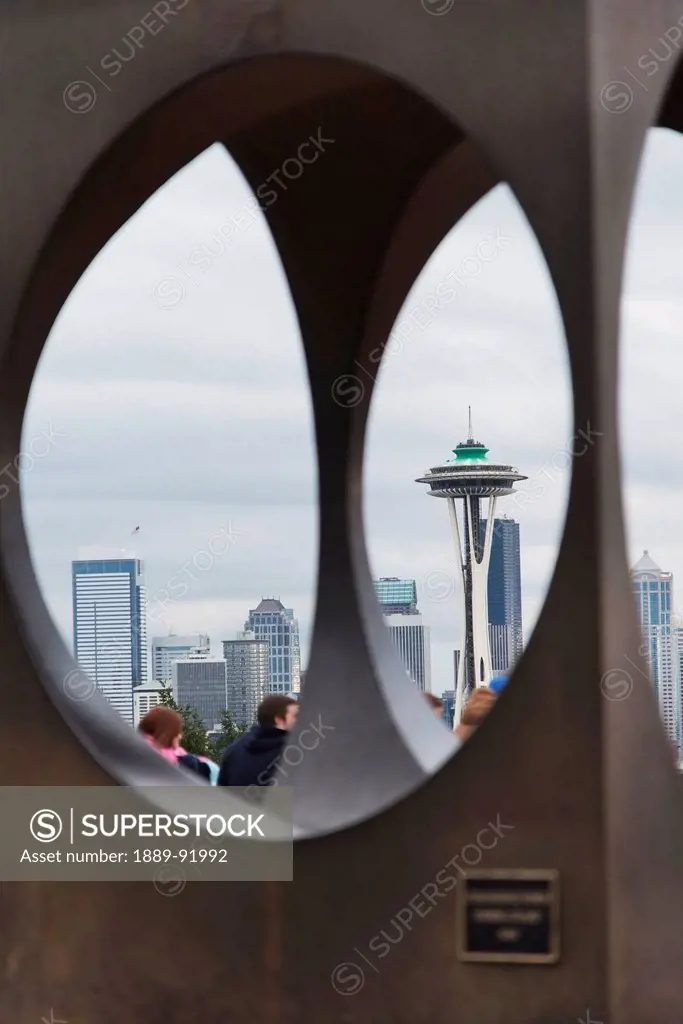 View Of The Space Needle And Other Downtown Buildings From A Window; Seattle, Washington, United States Of America