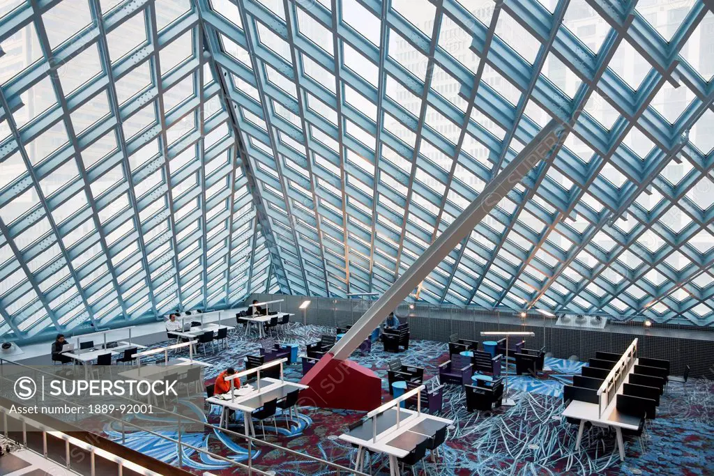 Top Floor Of Seattle Central Library With Sloped Glass Roof; Seattle, Washington, United States Of America