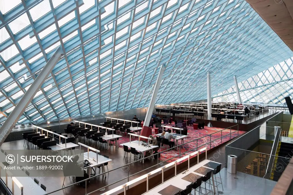 Top Floor Of Seattle Central Library With Sloped Glass Roof; Seattle, Washington, United States Of America