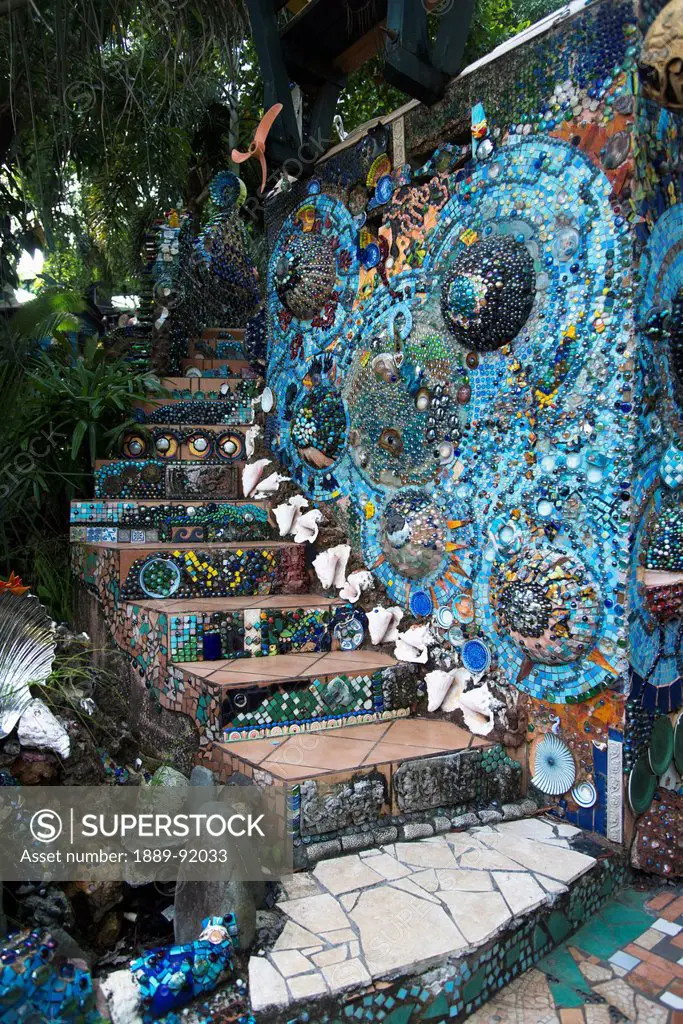 Steps Decorated With Colourful Tile And Shells; Utila, Bay Islands, Honduras