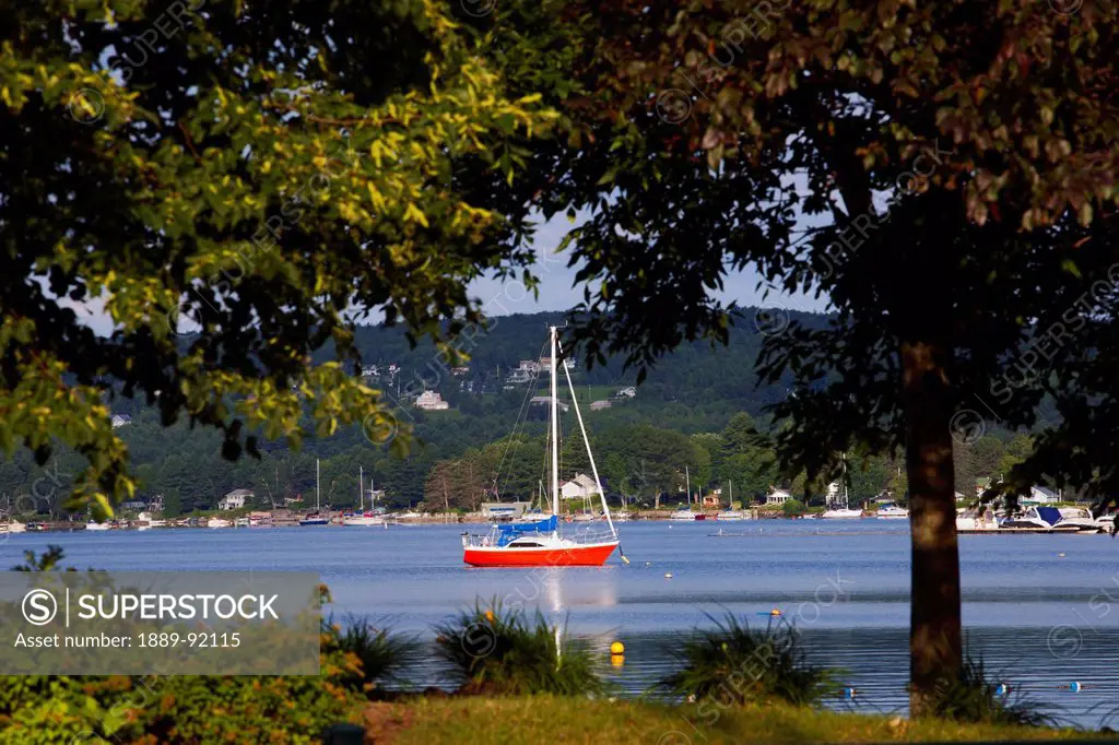 Sailboats On Lac Memphremagog In Early Morning; Magog, Quebec, Canada